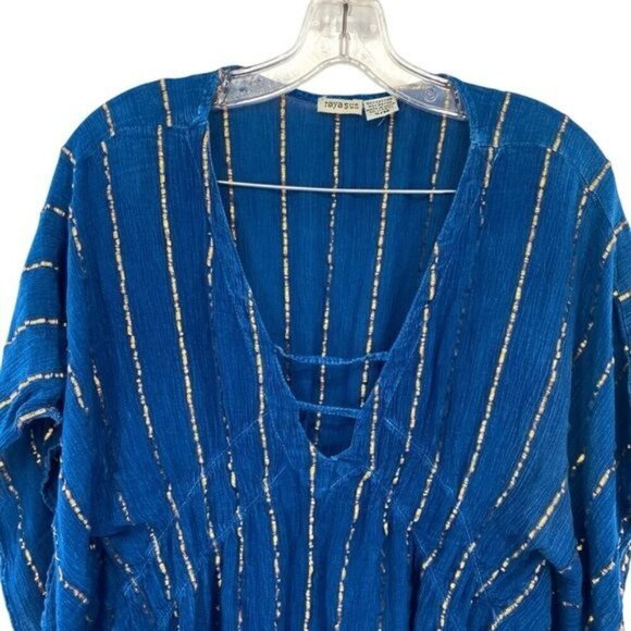 Raya Sun Cover Up Kaftan Blue Gold Boho Beach Vacation Swimsuit Coverup - Picture 2 of 13